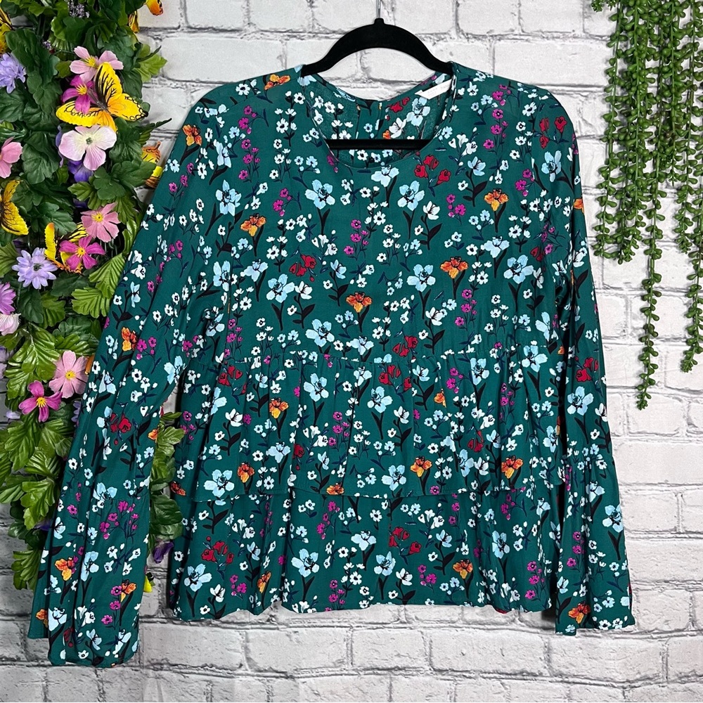 NWOT Zara Trafaluc Green Floral Printed Long Sleeve Tiered Blouse Size XL